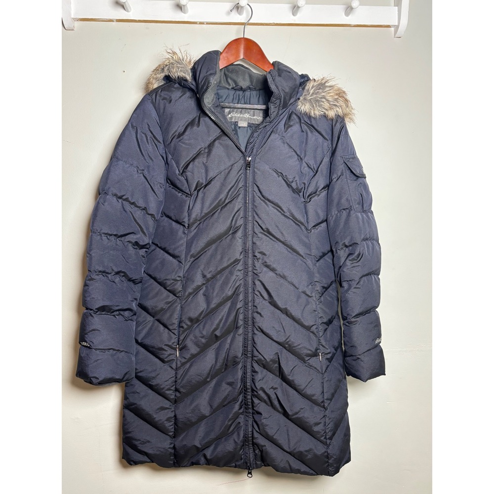 Eddie Bauer Goose Down Hooded Parka Navy Women's M Winter Puffer Coat